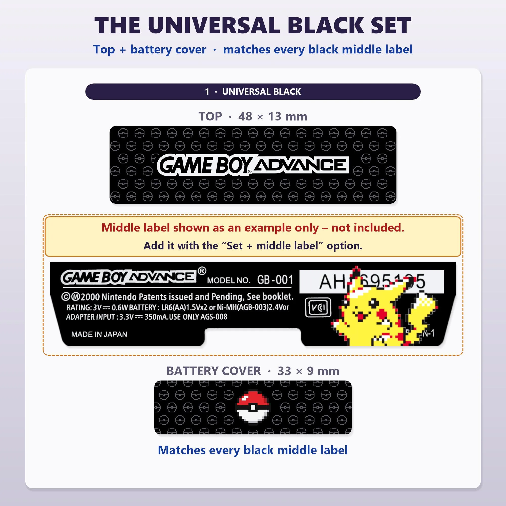 GBA Pokémon Shell Top + Battery Cover Labels, set 1 Universal Black