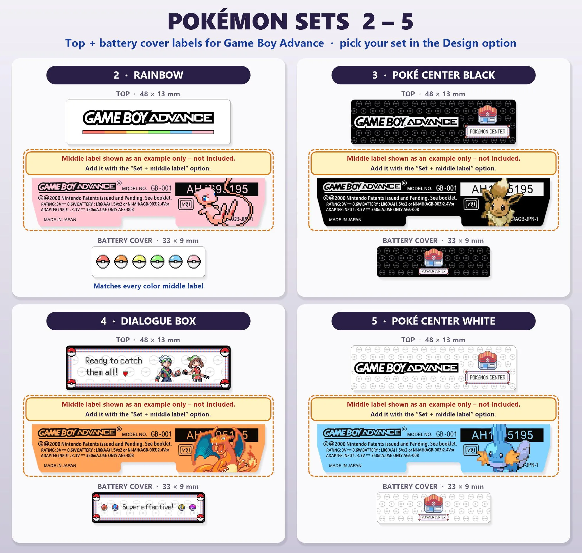 GBA Pokémon Shell Top + Battery Cover Labels, sets 2 to 5