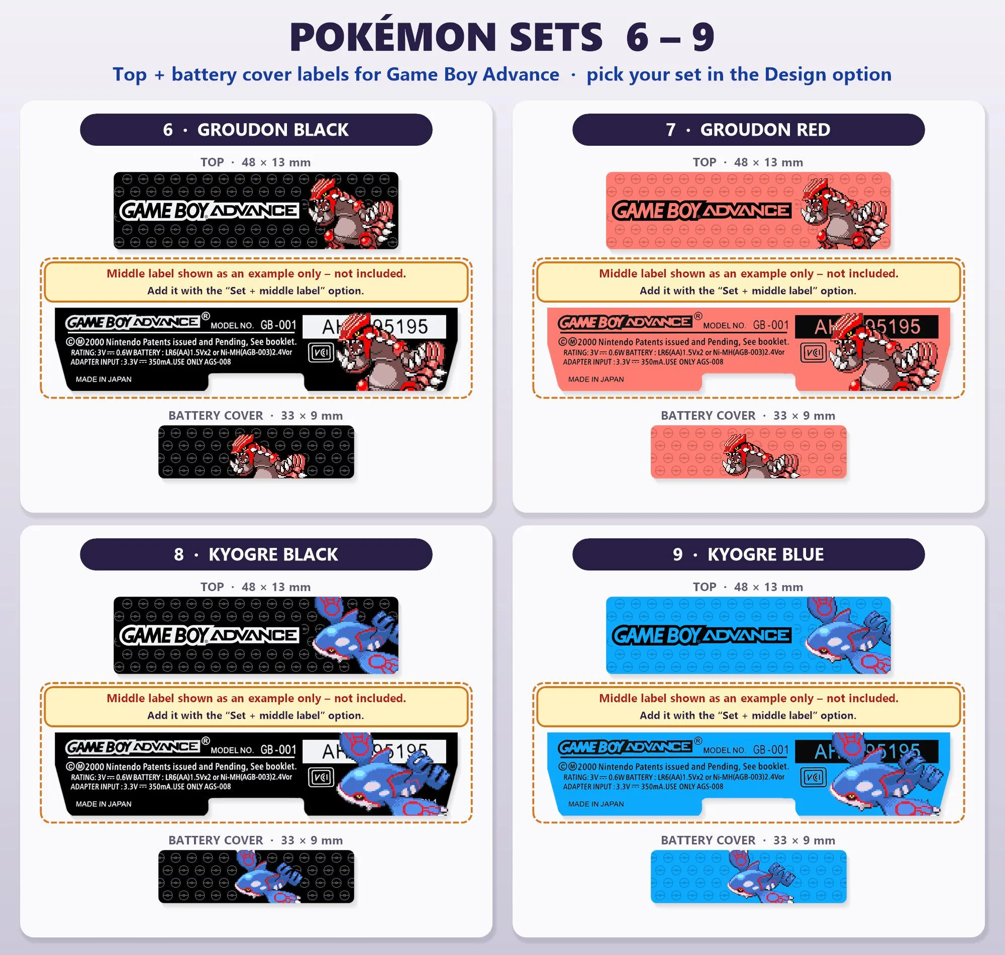 GBA Pokémon Shell Top + Battery Cover Labels, sets 6 to 9