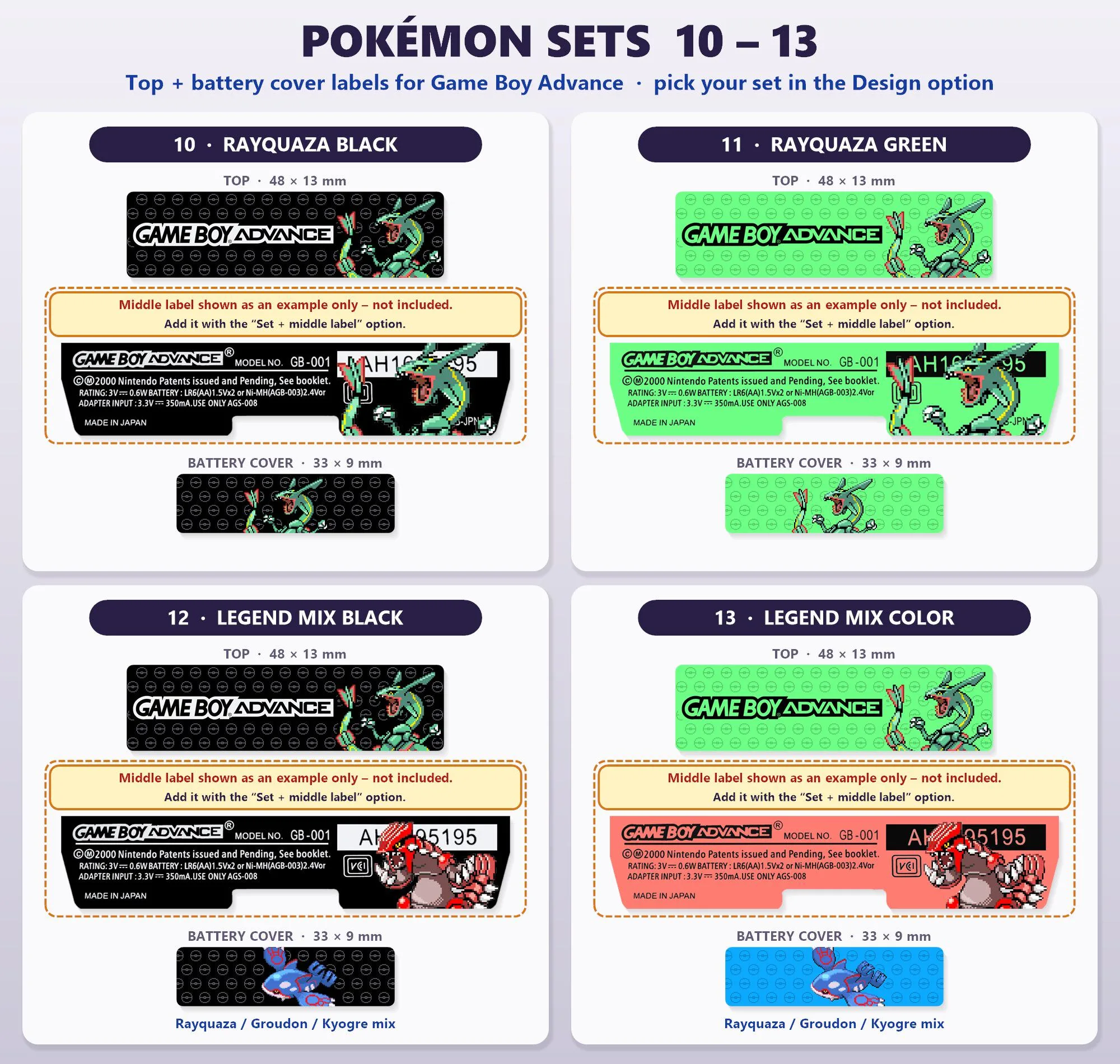 GBA Pokémon Shell Top + Battery Cover Labels, sets 10 to 13