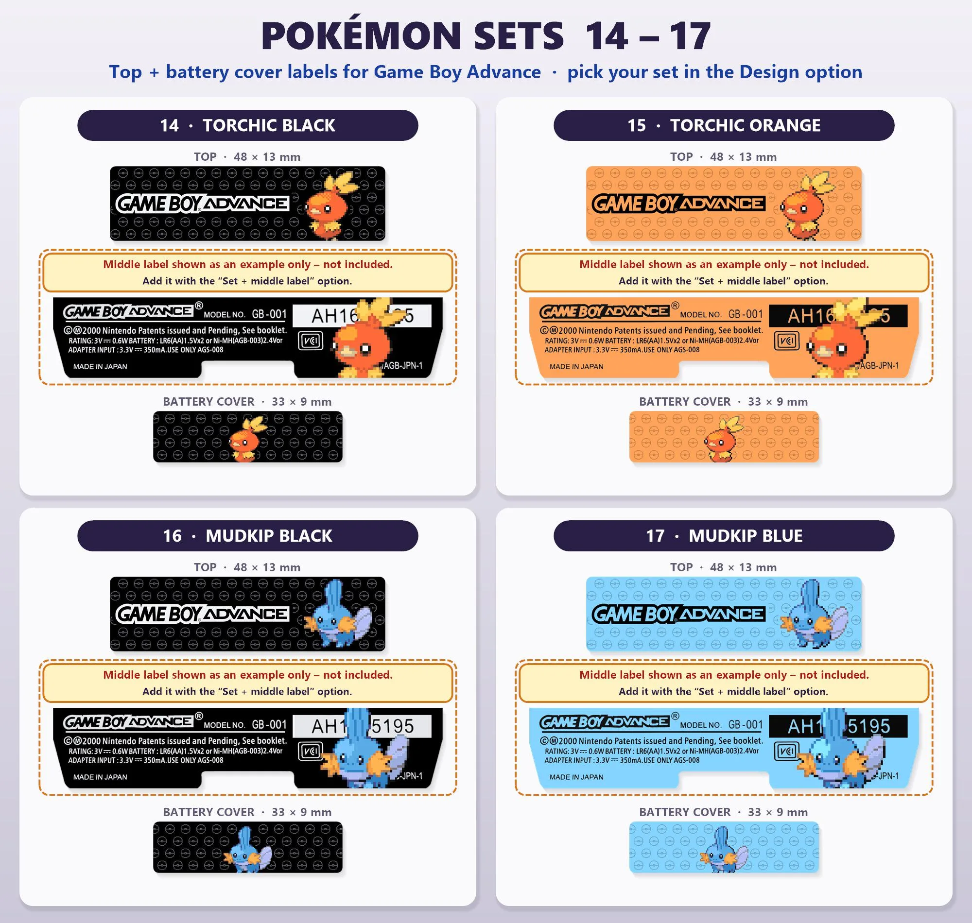 GBA Pokémon Shell Top + Battery Cover Labels, sets 14 to 17