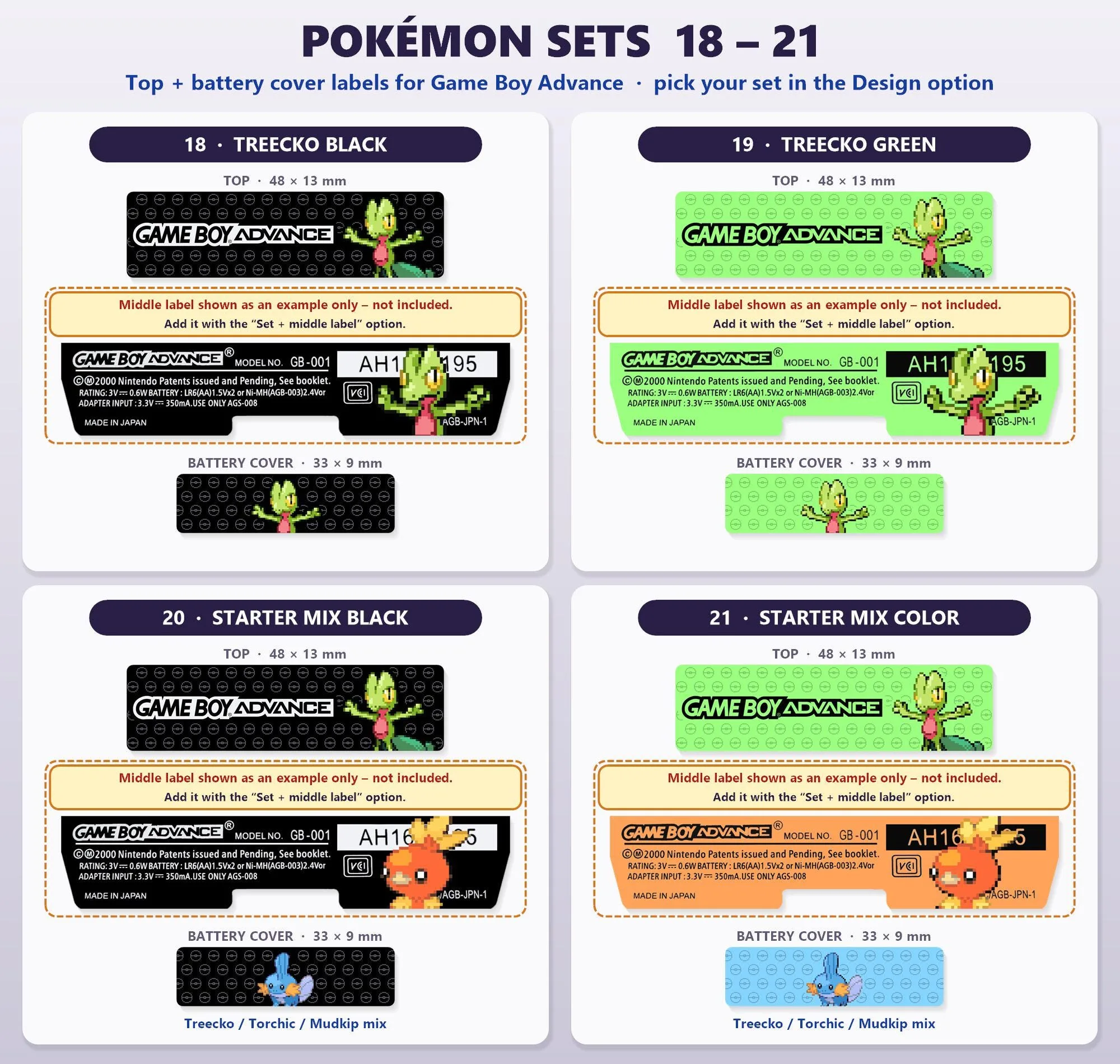 GBA Pokémon Shell Top + Battery Cover Labels, sets 18 to 21