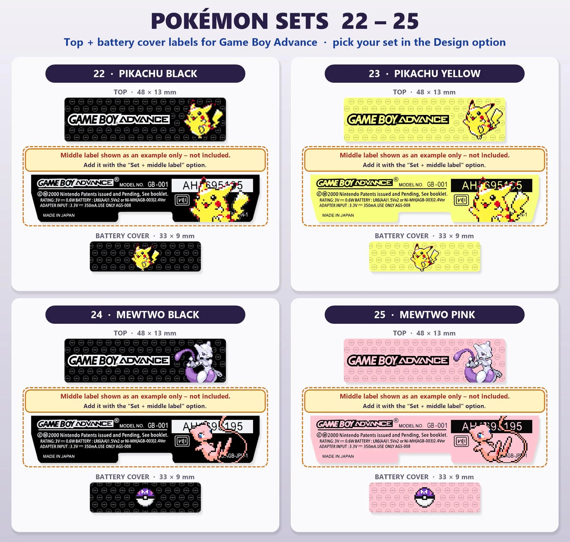 GBA Pokémon Shell Top + Battery Cover Labels, sets 22 to 25